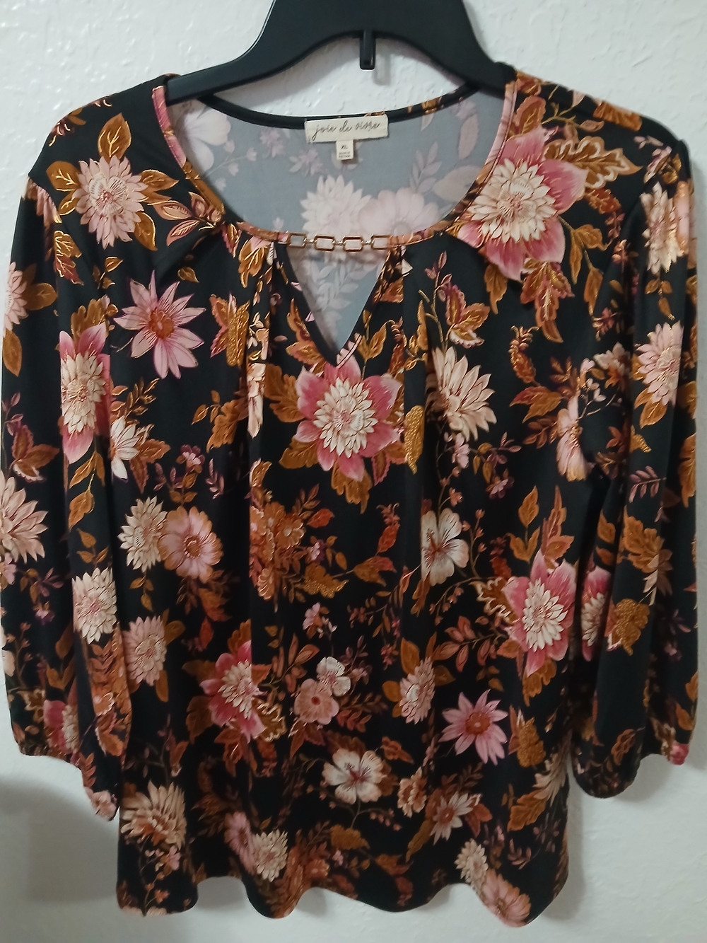 Floral Tie-Neck Blouse in Black with Pink & Brown Flowers